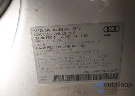 2013 Audi Q5 2.0T Premium from USA, damaged, VIN WA1LFAFP5DA077527